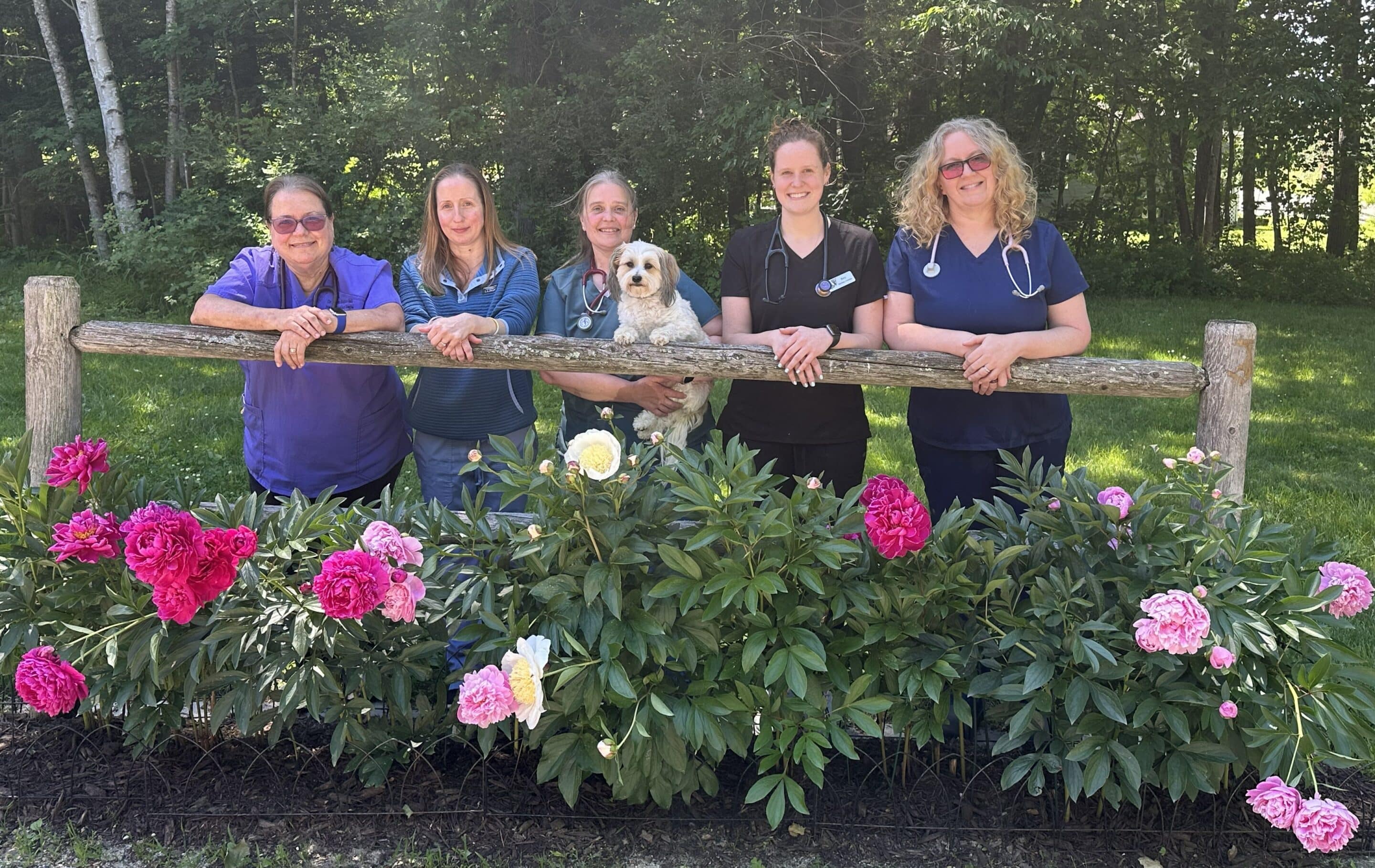 Staff standing behind a fence, smiling